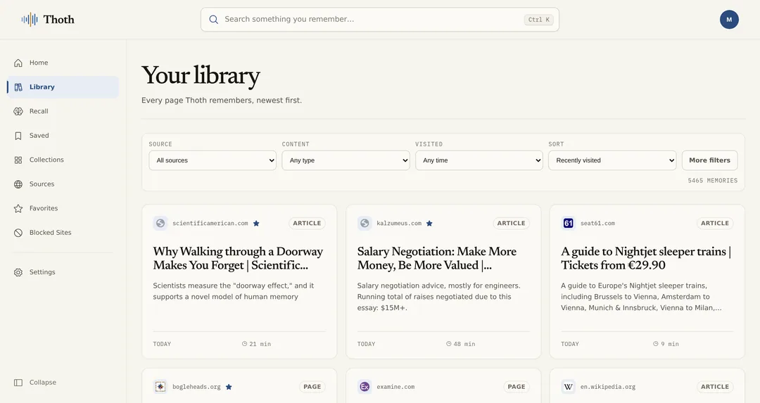 The Thoth Library, with remembered pages organised as cards showing source and reading time.