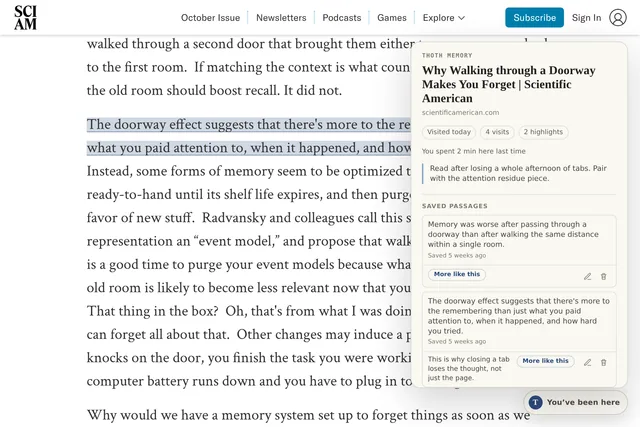 A saved passage highlighted on the original article, with its note beside it.